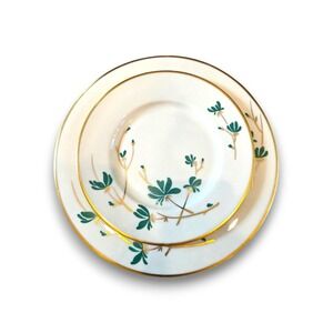 Castleton Granby Dinner + Salad Plate Set Gilded Rim Gold Green White Botanical